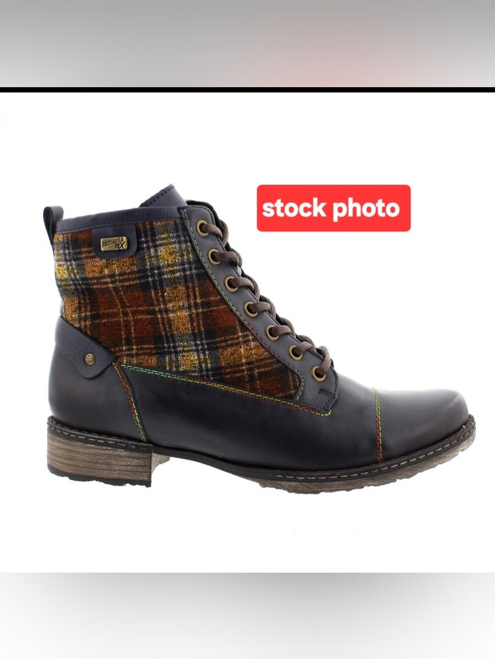Remonte D4354-14 Navy/Tan Leather Lace-Up Boot with Plaid Accent